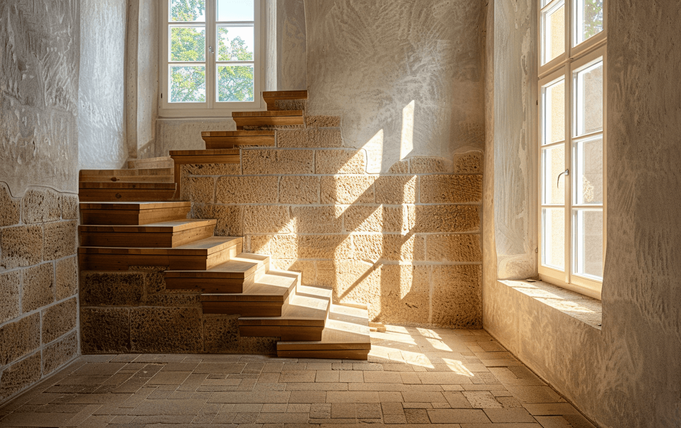 Treppenhaus im Bestand mit warmem Lichteinfall, präzisen Kanten und sorgfältig abgestimmten Materialien.