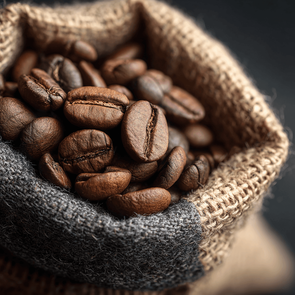 Nahaufnahme gerösteter Kaffeebohnen im Jutesack, weiches Seitenlicht.