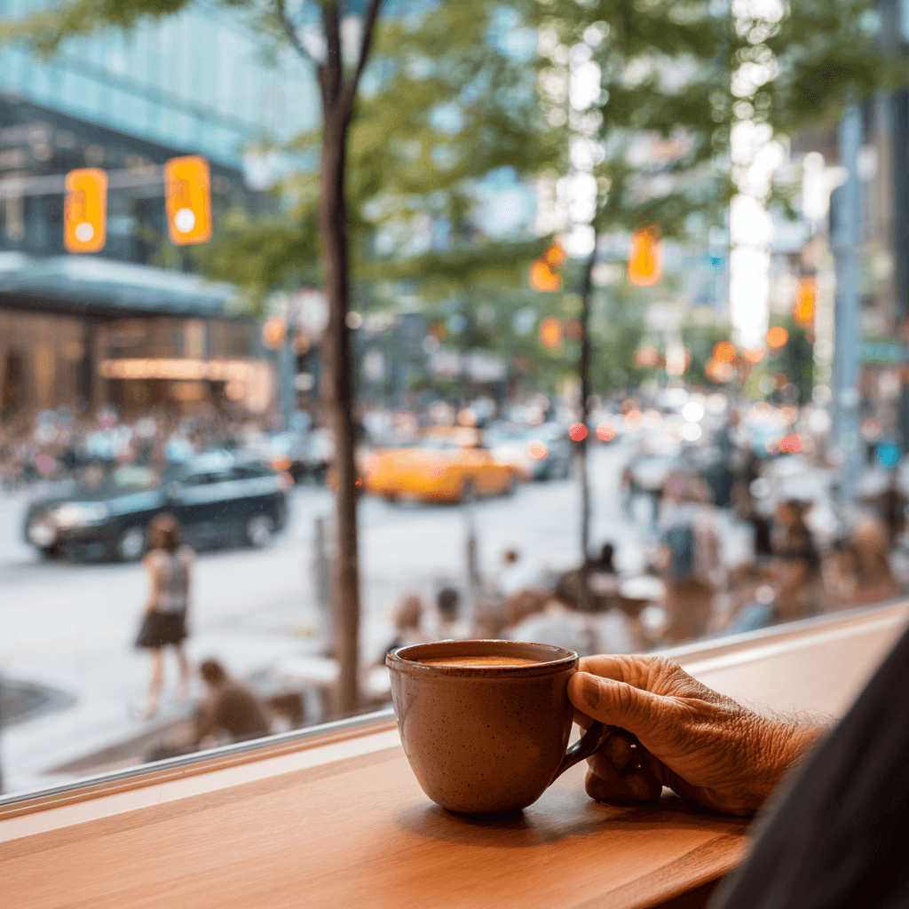 Hand mit Kaffeetasse am Fenster, unscharfe Straße und Stadtleben im Hintergrund — ruhiger Moment mit Blick nach draußen.