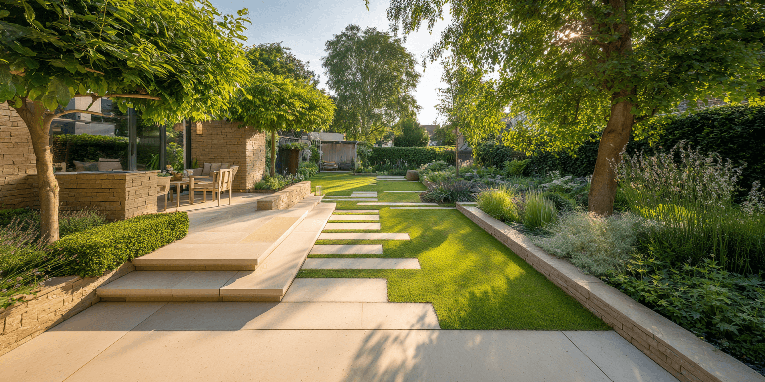 Privatgarten mit klarer Wegeführung und geordneten Außenflächen